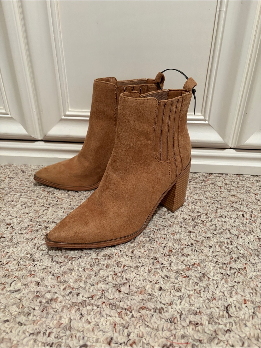 Pointed Toe Tan Suede Block Heel Ankle Boots